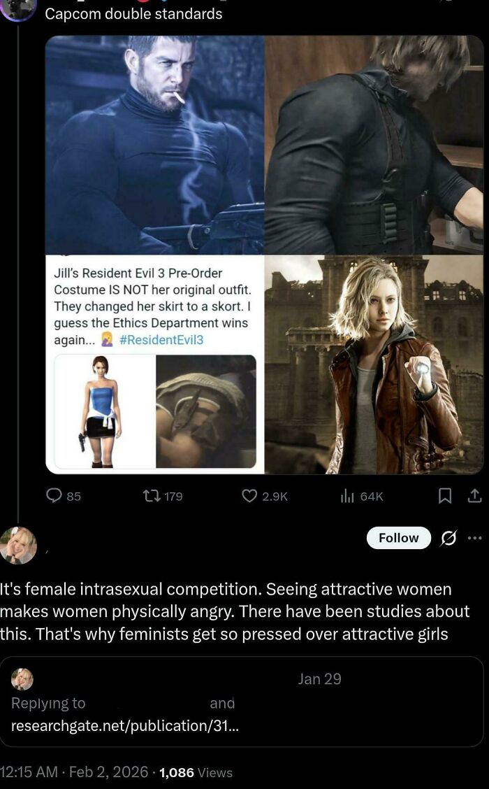 Screenshot of online discussion shaming angry incels with references to Resident Evil 3 and female competition debates.