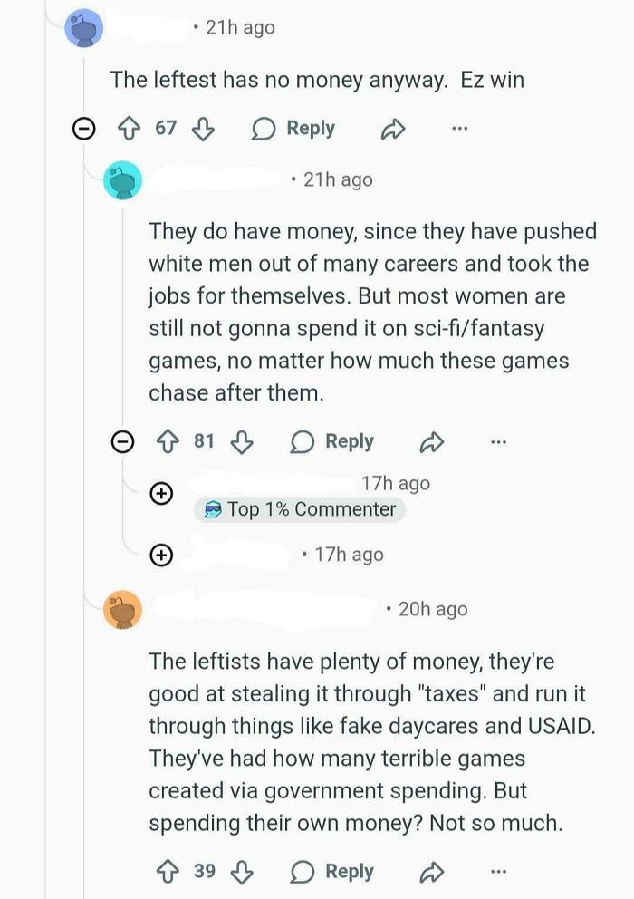 Screenshot of angry incels shaming leftists in online comments with debates about money and government spending.
