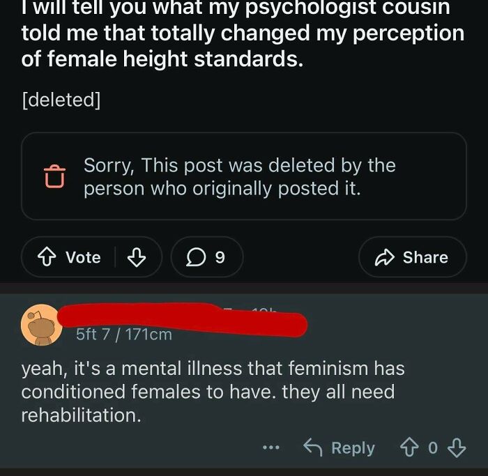 Screenshot of an online incel comment blaming feminism as a mental illness, part of angry incels shamed online.