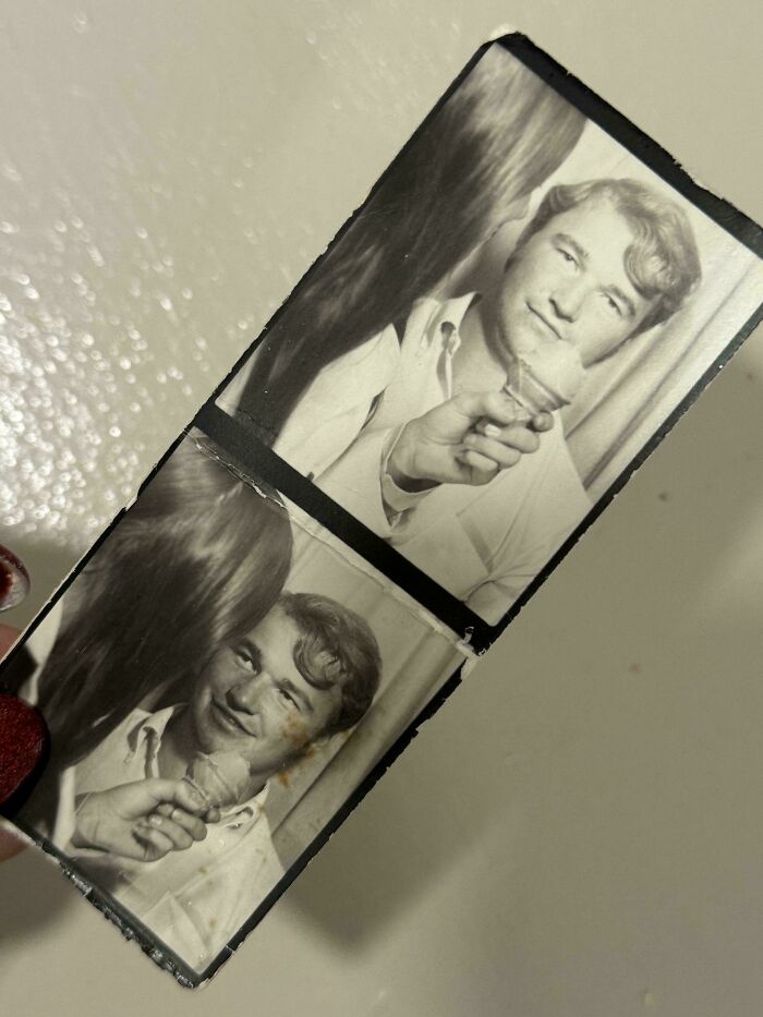 Black and white vintage photo strip showing a young man and woman with ice cream, capturing moments from decades ago.