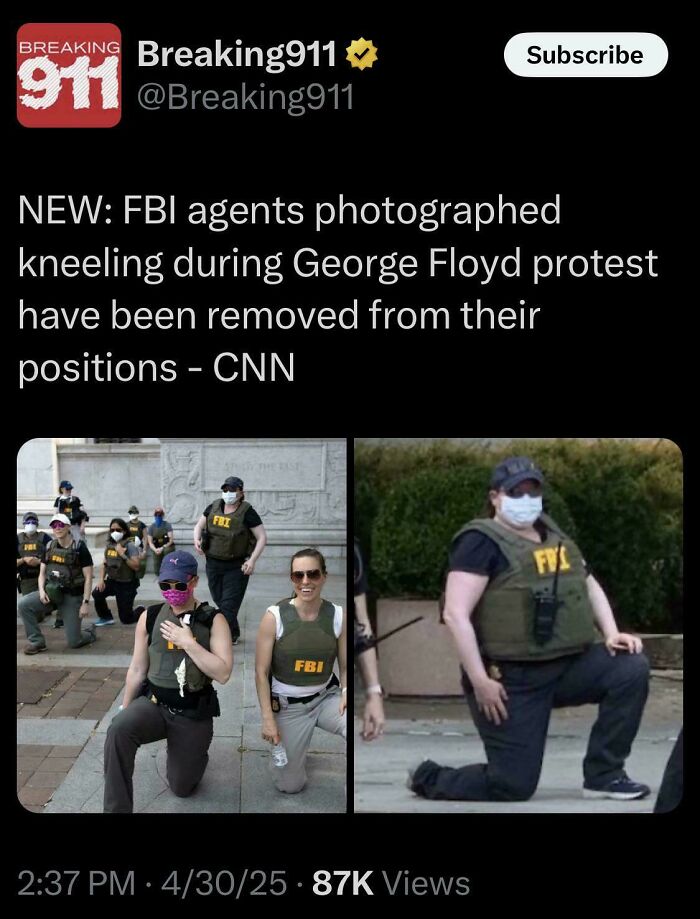Breaking911 tweet showing FBI agents kneeling during a George Floyd protest, which is an example of cringey people.