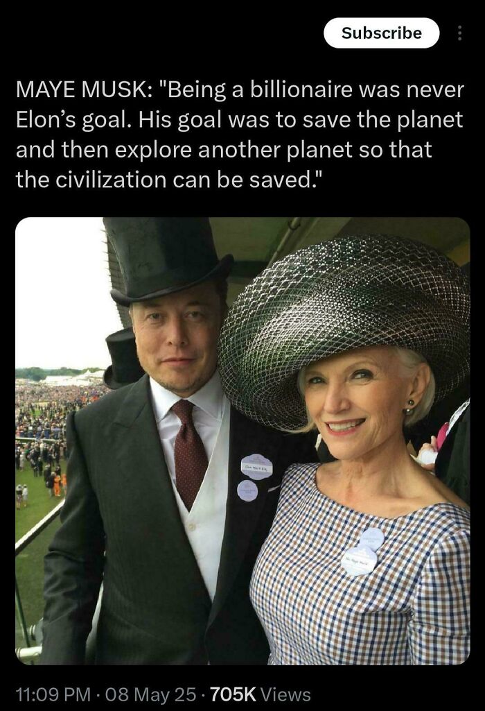 A cringey post about Elon Musk's goals, featuring Elon Musk and Maye Musk in formal attire at an event.