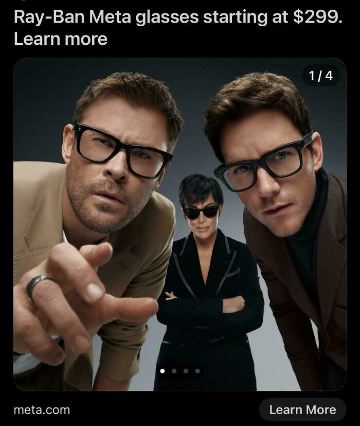 A cringey advertisement for Ray-Ban Meta glasses featuring three celebrities, two men and one woman, posing.