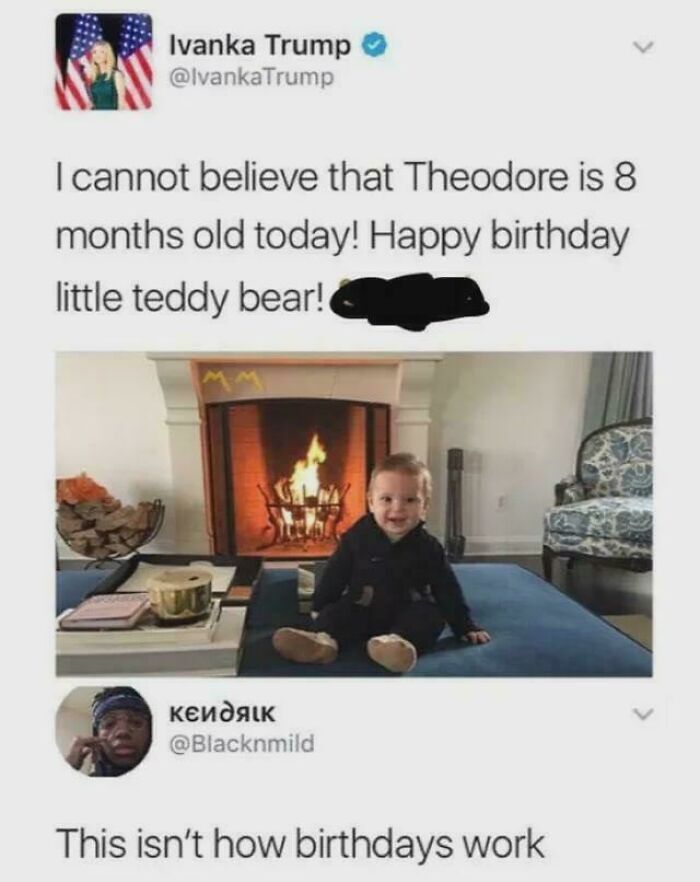 A cringey birthday post for Ivanka Trump's baby, showing the baby by a fireplace.