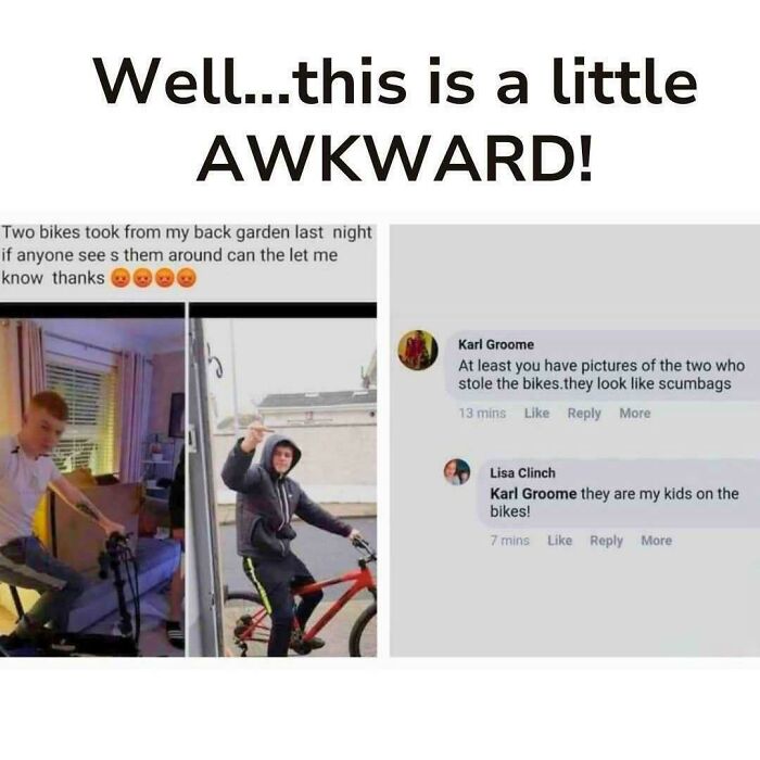 A cringey Facebook post where a mother discovers her kids stole bikes, after a commenter called them scumbags.