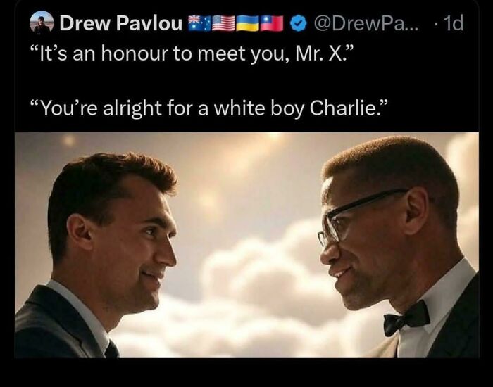 A cringey meme showing two men facing each other with quotes about Charlie and Mr. X, a cringey example.