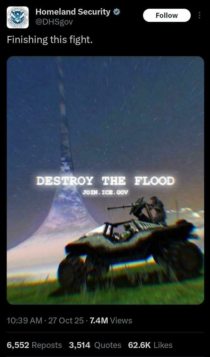 A cringey meme image from DHS, featuring a Halo-like scene with text DESTROY THE FLOOD, how cringey people can be.