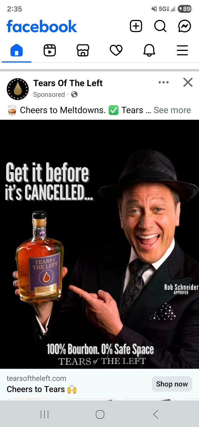 Rob Schneider promotes Tears of the Left bourbon with a cringey, provocative slogan for cringey people.