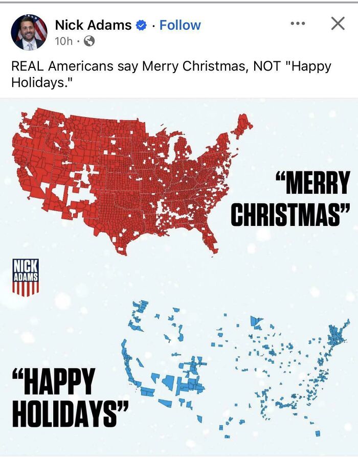 Cringey people: A map of the USA showing counties that say Merry Christmas in red and Happy Holidays in blue.