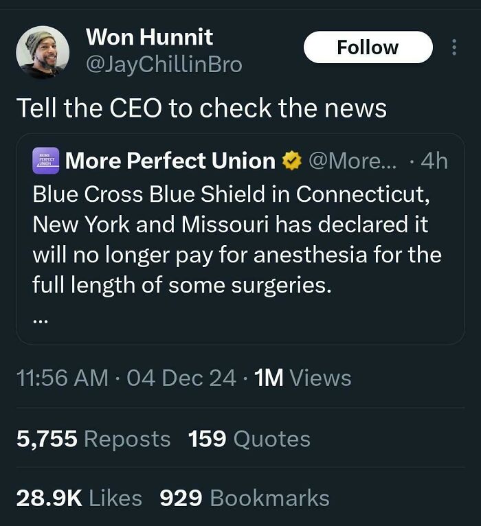 Screenshot of a Black Twitter post humorously addressing recent insurance changes on anesthesia coverage.