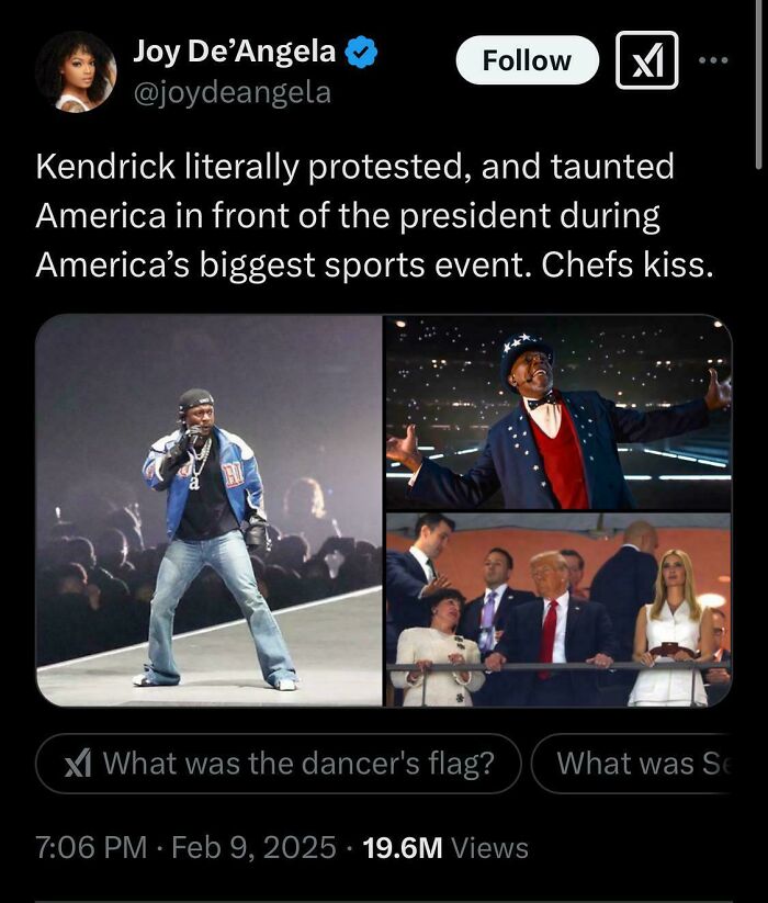 Screenshot of a Black Twitter post showing Kendrick Lamar protesting during a major sports event with political figures watching.