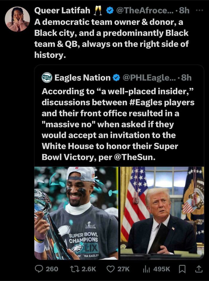 Screenshot of a Black Twitter post about Eagles players declining a White House Super Bowl invitation, relatable and hilarious.