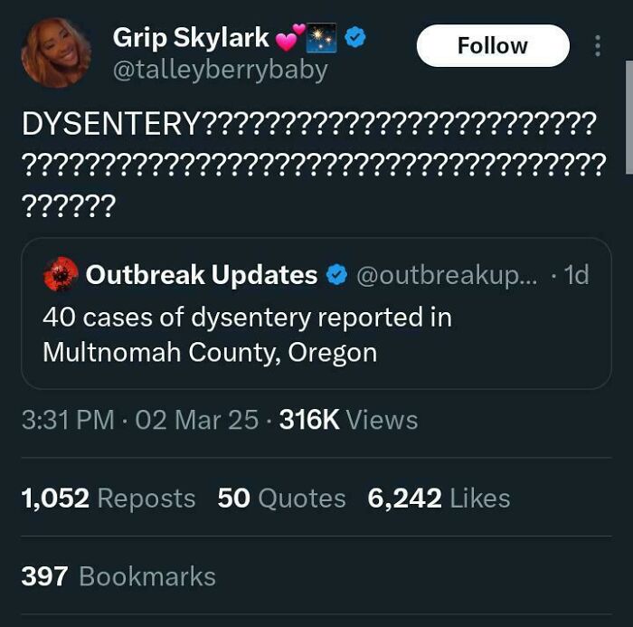Screenshot of a viral Black Twitter post reacting hilariously to a dysentery outbreak in Multnomah County, Oregon.