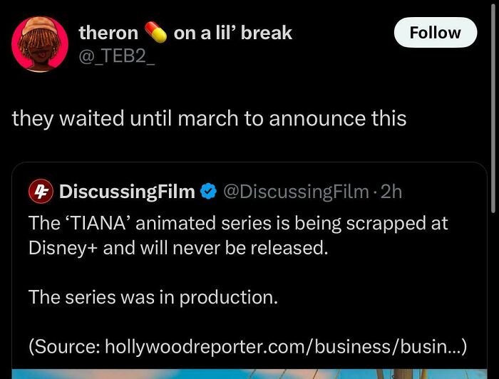 Screenshot of a relatable Black Twitter post discussing the cancellation of the Tiana animated series on Disney+.