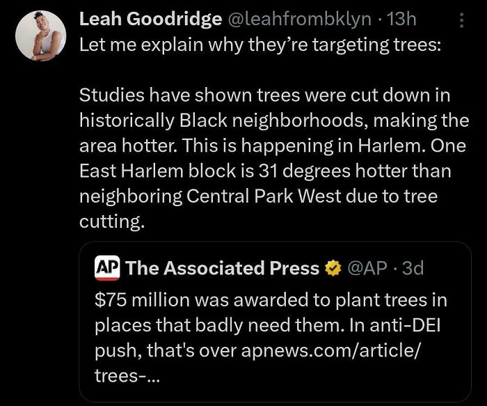 Tweet discussing studies on tree cutting in Black neighborhoods making areas hotter, featured in relatable Black Twitter posts.