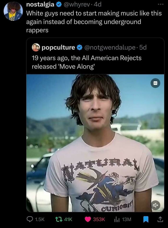 Tweet from Black Twitter humorously discussing music genres with a photo from All American Rejects' Move Along video.
