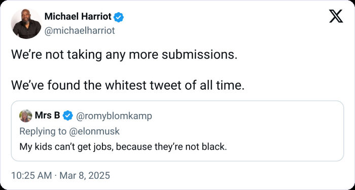 Tweet from Michael Harriot humorously noting the whitest tweet on Black Twitter, part of relatable posts collection.