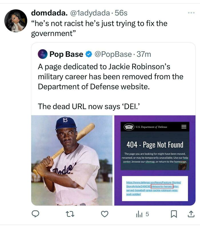 Screenshot of a Black Twitter post humorously reacting to a removed Jackie Robinson military page error.