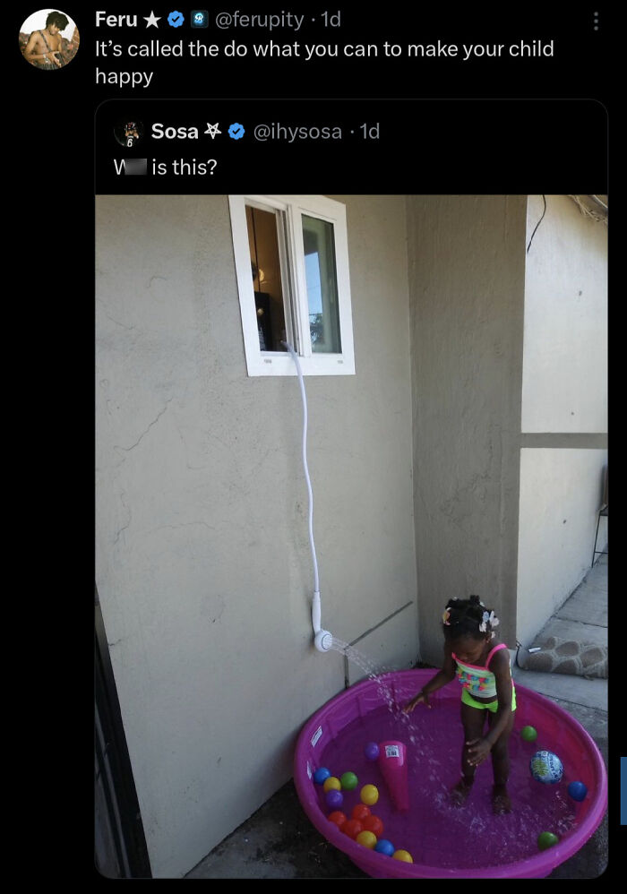 Child plays in small pool with showerhead water source, a hilarious and relatable Black Twitter post.