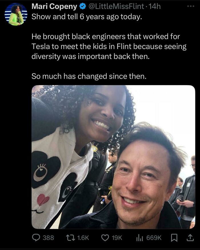 Tweet showing a smiling Black woman and Elon Musk meeting black engineers, highlighting relatable Black Twitter posts.