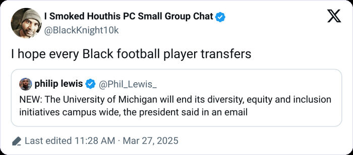 Black Twitter post hoping every Black football player transfers, highlighting a reaction to university diversity policy changes.