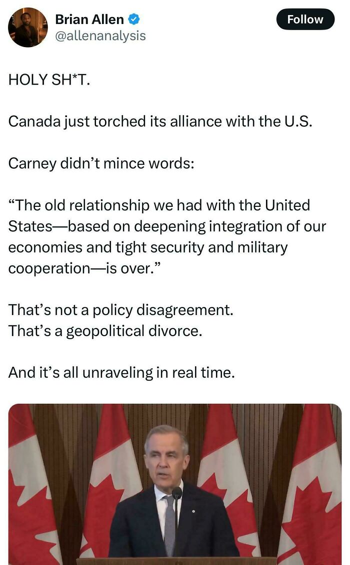 Tweet about Canada ending its alliance with the U.S., shared on Black Twitter with a photo of a man speaking at a podium.