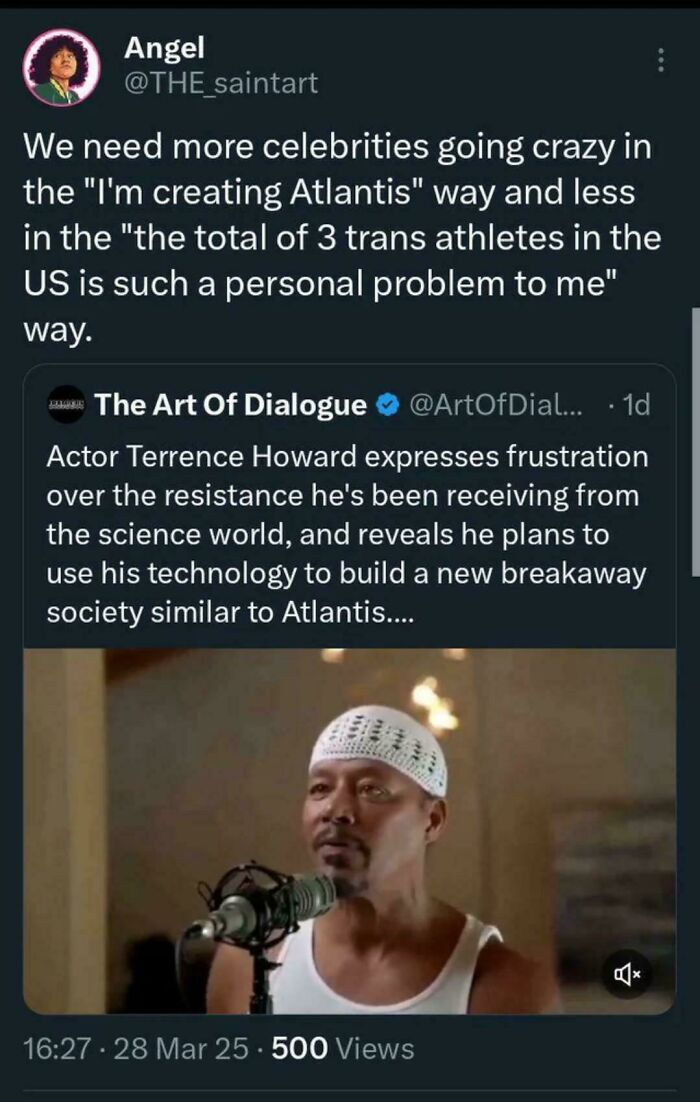 Screenshot of a relatable Black Twitter post about Terrence Howard and creating a new Atlantis society.