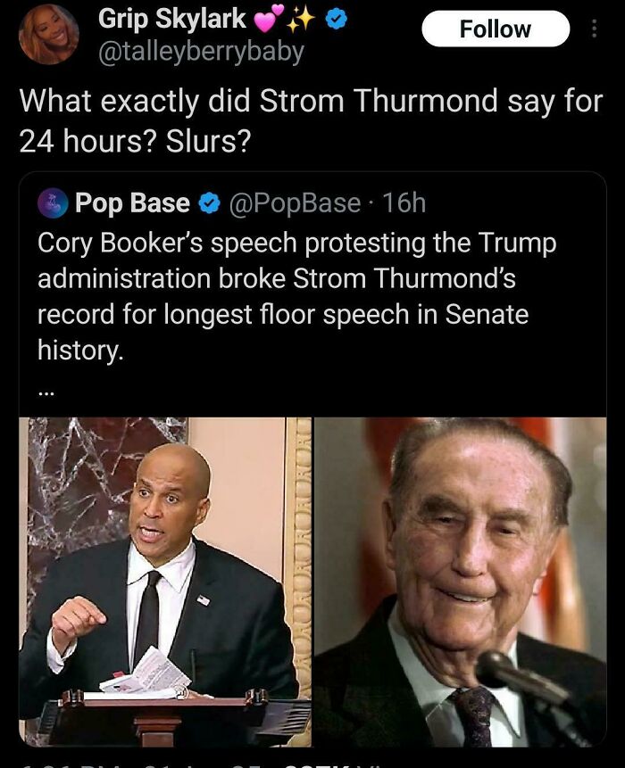 Black Twitter post humor about Cory Booker breaking Strom Thurmond’s Senate speech record with a funny question.