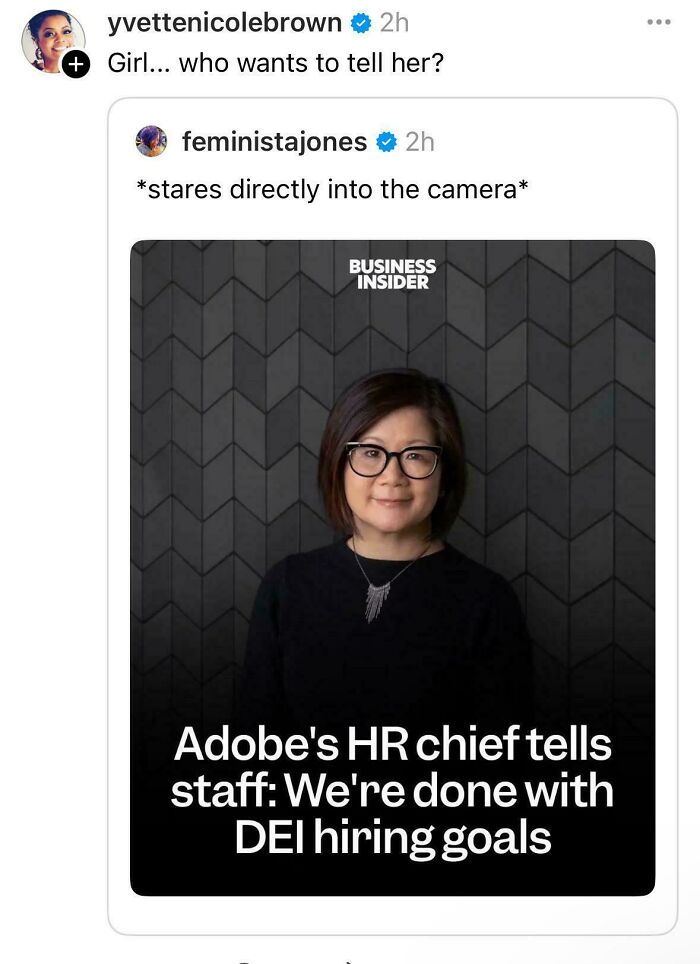 Screenshot of a Black Twitter post humorously reacting to Adobe's HR chief ending DEI hiring goals.