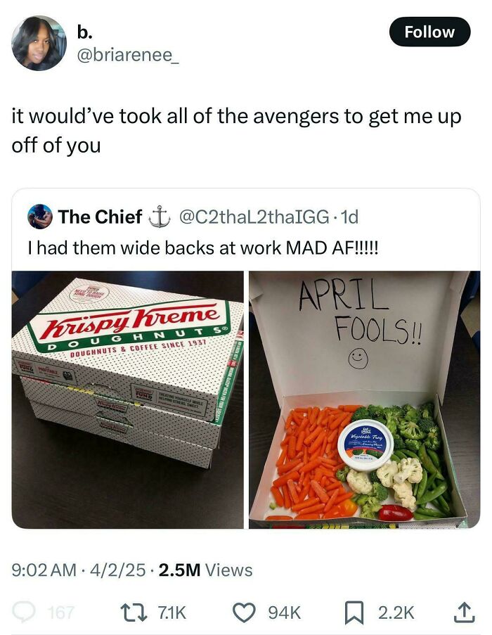 Funny Black Twitter post showing Krispy Kreme boxes filled with vegetables as an April Fools prank at work.