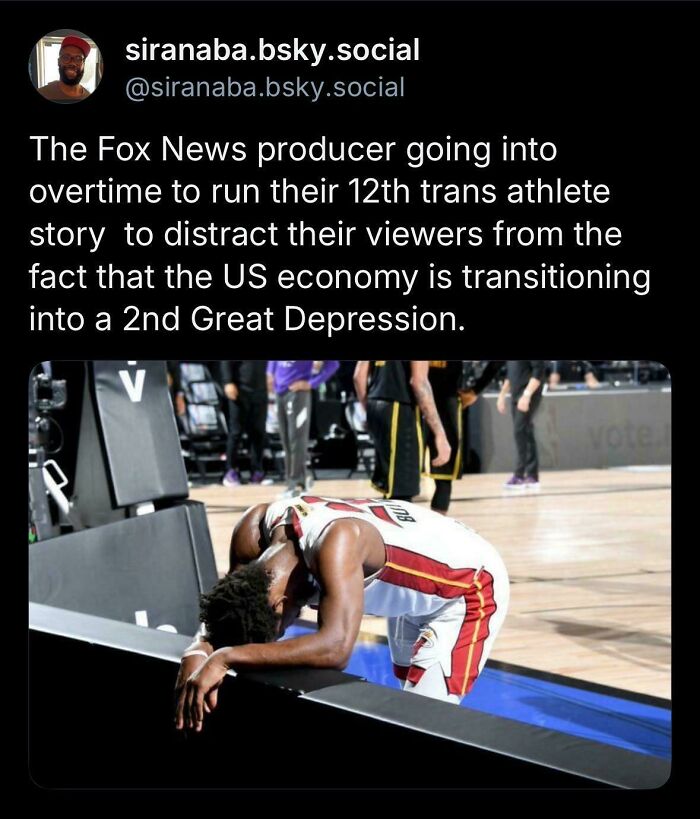 Tweet from Black Twitter humor about Fox News distraction and US economy, with a basketball player leaning on a barrier.