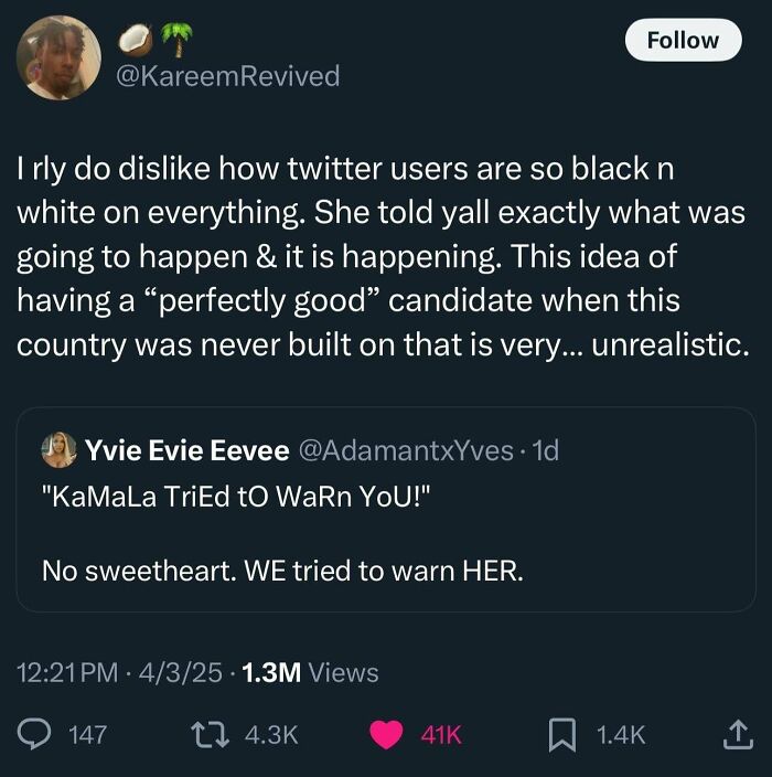 Black Twitter post discussing political warnings and perspectives on candidates in a relatable and humorous way.