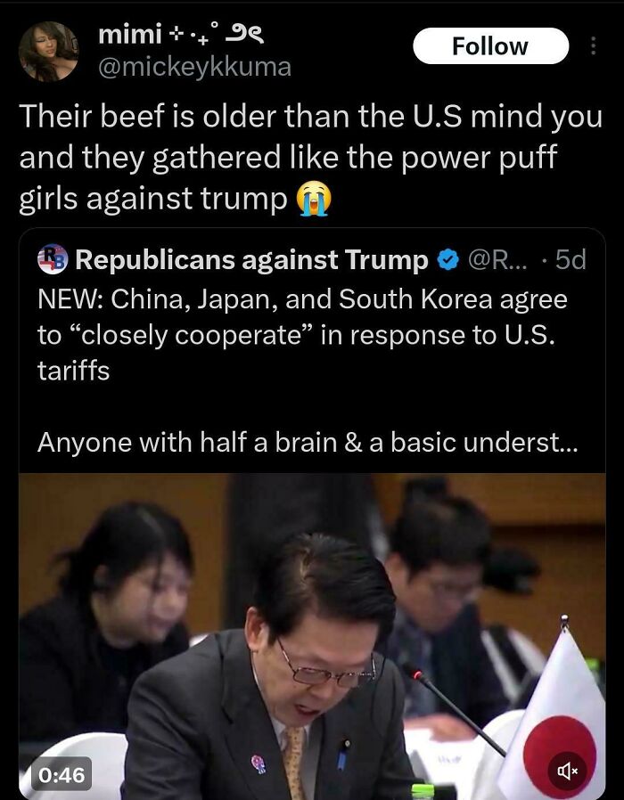 Screenshot of a humorous, relatable Black Twitter post about international cooperation and political commentary.