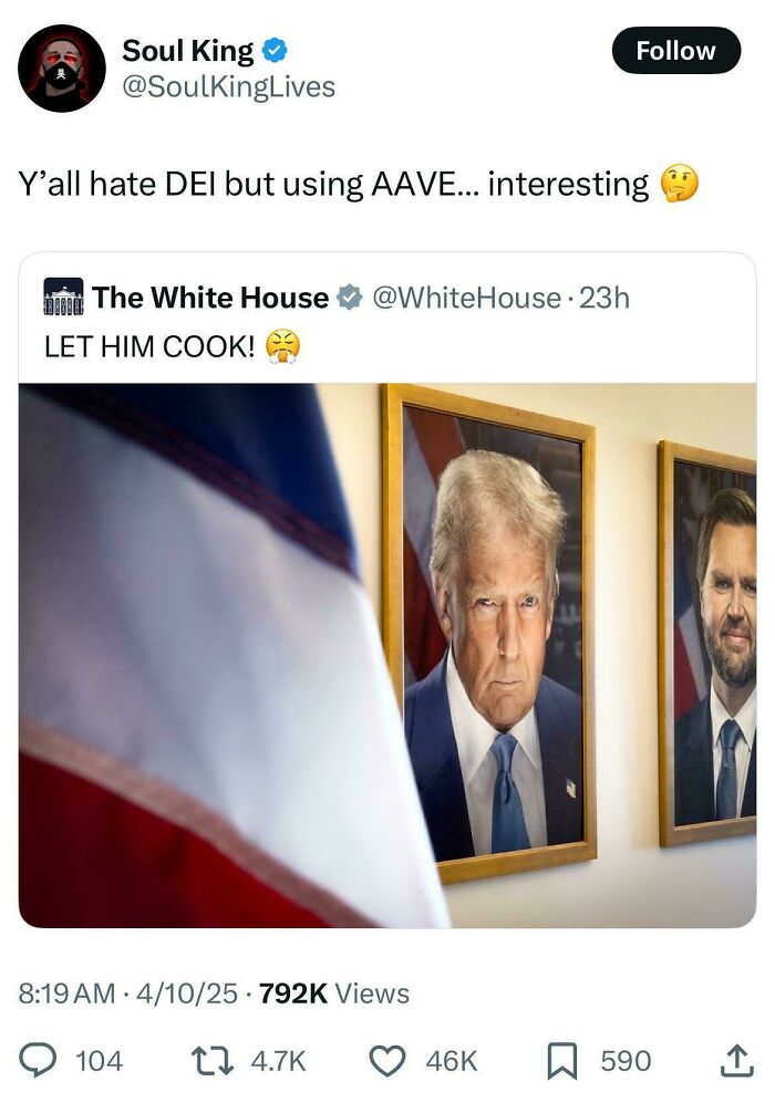 Screenshot of a humorous Black Twitter post reacting to a White House tweet with relatable viral content.