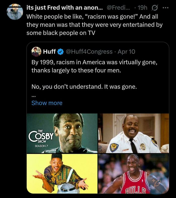 Screenshot of a Black Twitter post humorously reflecting on racism and iconic Black TV and sports figures.