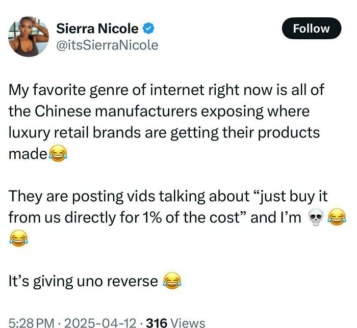 Tweet from Black Twitter about Chinese manufacturers exposing luxury retail brands and relatable internet humor.
