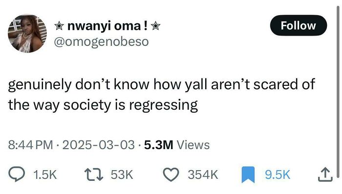 Tweet from Black Twitter expressing concern about society's regression with high engagement and views.