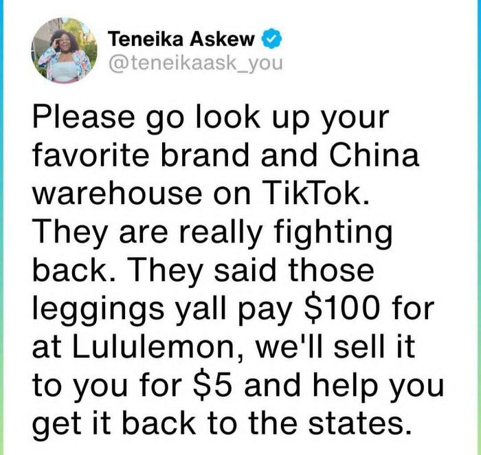Screenshot of a relatable Black Twitter post humorously discussing brand leggings prices and TikTok warehouse deals.