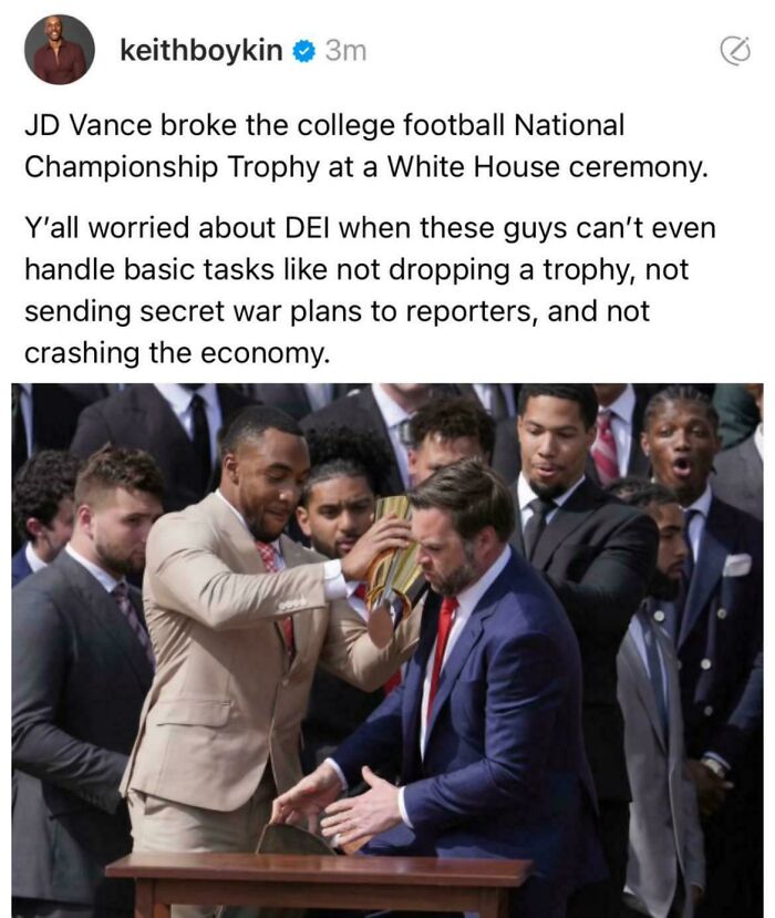 Screenshot of a Black Twitter post humorously discussing a broken National Championship Trophy at a White House ceremony.