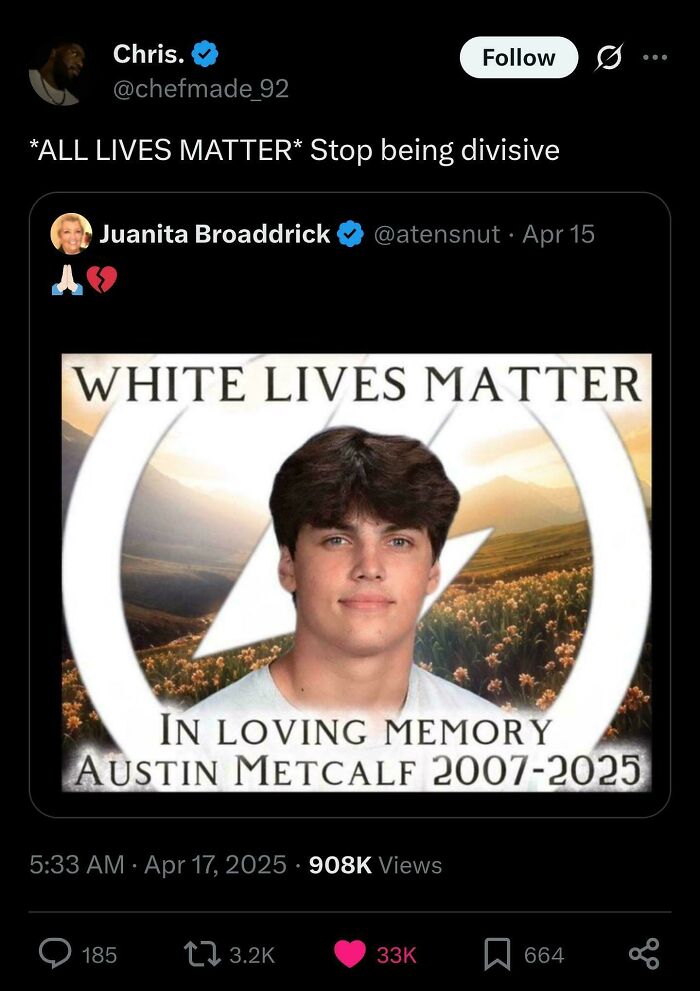 Black Twitter post showing a memorial image with the phrase White Lives Matter and a young man's photo.