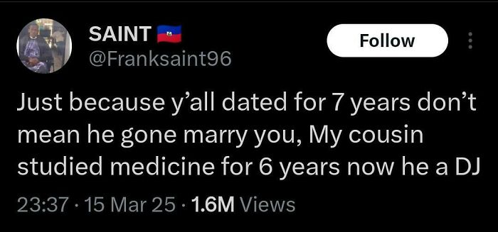 Tweet from Black Twitter humorously comparing long relationships and changing career paths, featuring relatable and hilarious posts.