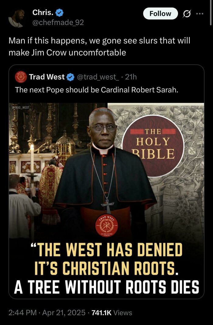 Screenshot of a Black Twitter post discussing Cardinal Robert Sarah and Christian roots with humor and relatability.