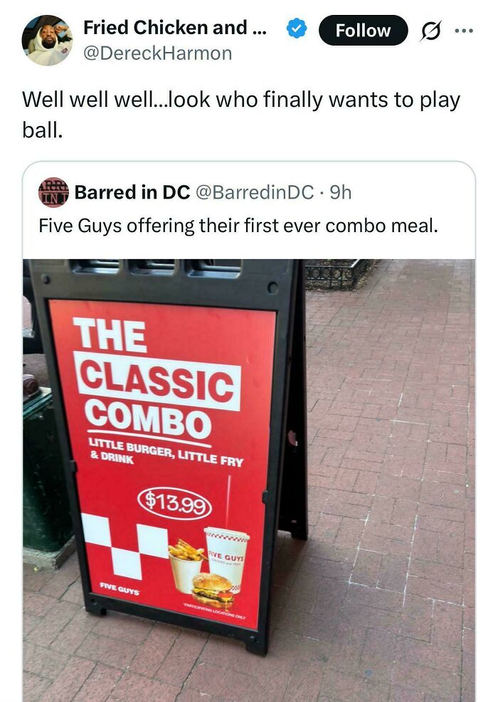 Funny Black Twitter post joking about Five Guys introducing their first combo meal with a classic burger, fries, and drink sign.
