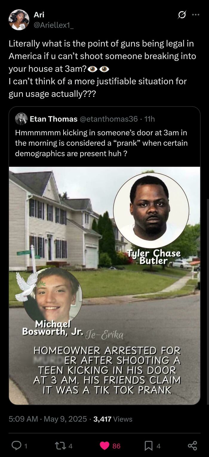 Black Twitter post discussing gun usage and a homeowner shooting a teen kicking in his door at 3am, highlighting relatable humor.
