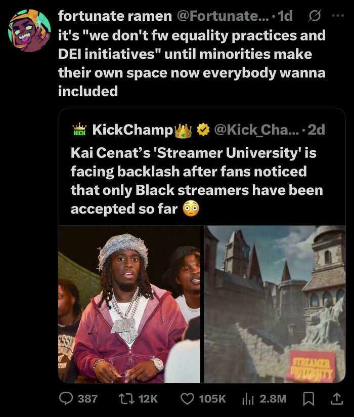 Tweet from Black Twitter discussing backlash over exclusive acceptance of Black streamers at Kai Cenat’s Streamer University.