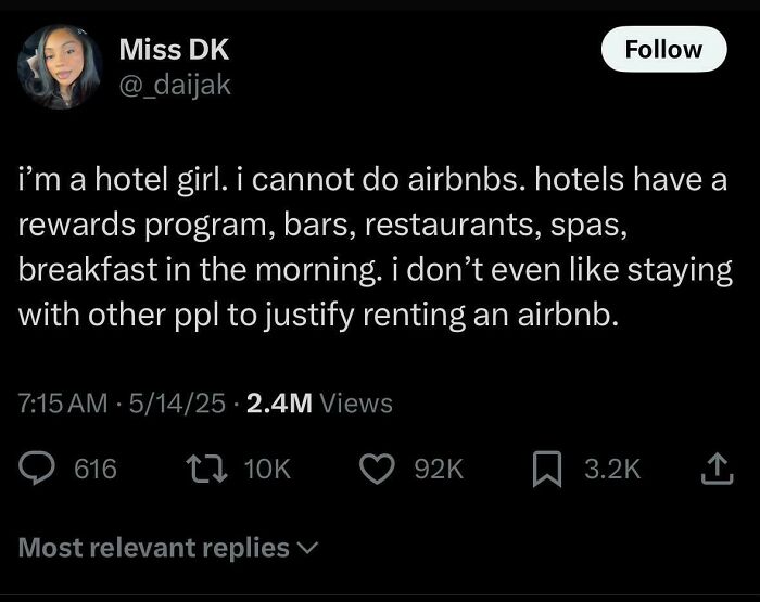 Black Twitter post about preferring hotels over Airbnbs for rewards, bars, restaurants, and morning breakfast.