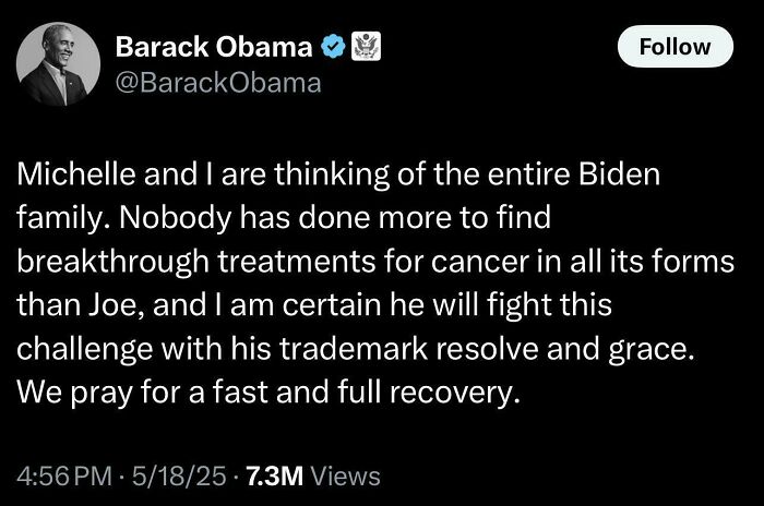Barack Obama tweet expressing support for the Biden family and breakthrough cancer treatments with hope for recovery.