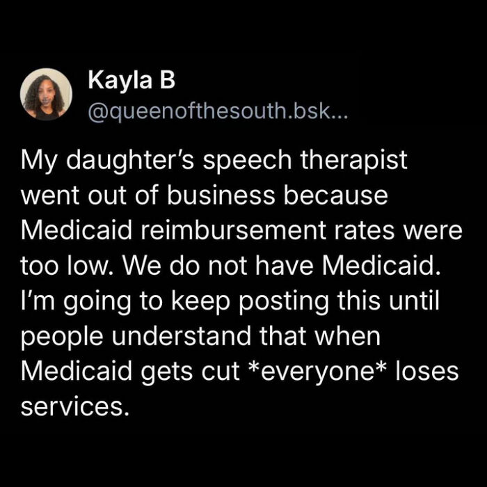 Black Twitter post about Medicaid cuts causing speech therapist business to close, highlighting relatable healthcare frustrations.