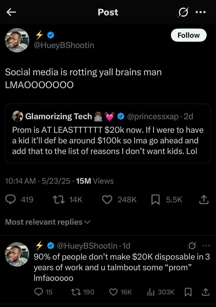 Tweet from Black Twitter humorously discussing the high cost of prom and relatable social media opinions.