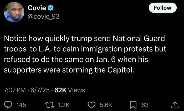 Tweet from Black Twitter highlighting a political contrast about National Guard deployment during protests.